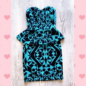 Blue strapless ruffled bodycon dress